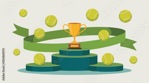 A digital illustration of a trophy on a podium surrounded by tennis balls and a green ribbon