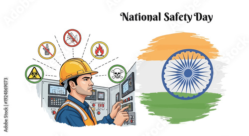 Illustration of a worker in a hard hat operating machinery on National Safety Day in India with safety symbols and the Indian flag.