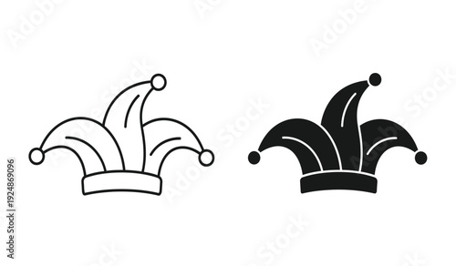Two jester hats in black and white line art and solid fill