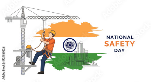 Illustration of a construction worker on a scaffold with safety gear, celebrating National Safety Day India 2026 with a cityscape and Indian flag in the background, promoting workplace