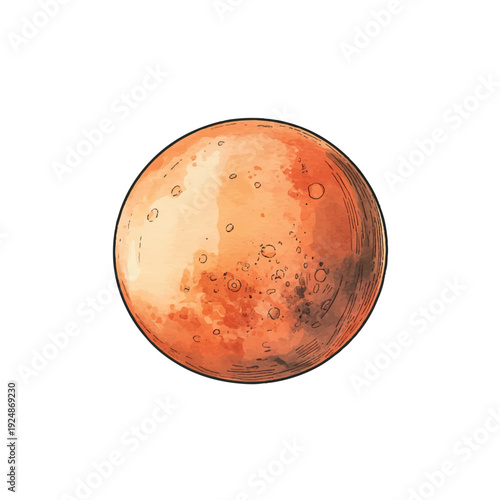 Watercolor Style Mars Planet with Craters and Shaded Regions