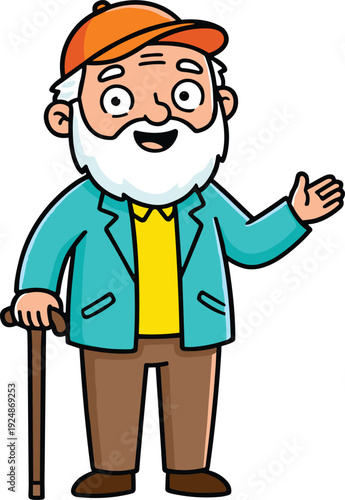 Happy cartoon elderly man with beard and walking cane, friendly senior character illustration, grandfather mascot isolated on white background, flat vector design