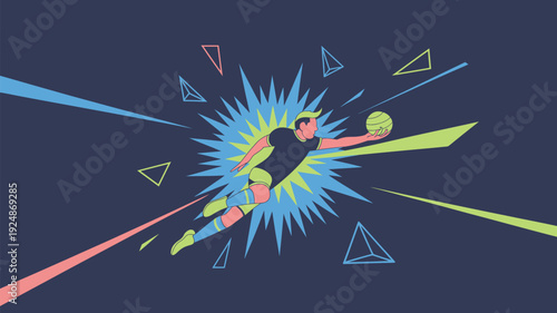 A vibrant illustration of a soccer player kicking a ball with dynamic lines and shapes