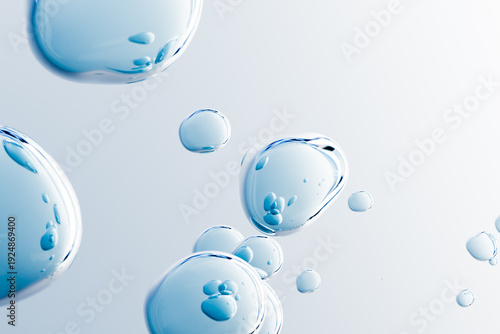 Foto Floating blue transparent bubbles with liquid texture on a clean light background