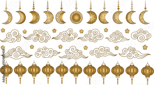 Golden Crescent Moon Clouds and Chinese Lanterns Decorative Vector Set Isolated on White Background Asian Festive Illustration Collection