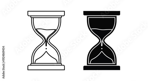 Two distinct vector graphic illustrations of an hourglass timer showing sand draining from the top bulb to the bottom bulb representing measured time or deadline concept