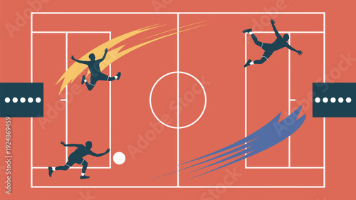 A vibrant illustration of soccer players in action on a red field with white lines