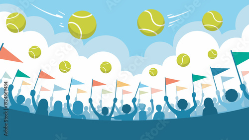 A lively crowd of people cheering and waving flags at a tennis match with flying balls in the sky