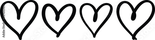A row of four hand drawn outline heart shapes symbolizing love affection or romance