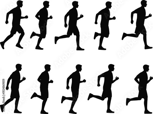 Running man silhouette sequence set isolated on white background, vector illustration collection showing jogging and sprint motion phases for fitness, sport, and training design