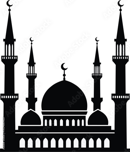 Mosque silhouette illustration with domes and minarets, Islamic architecture landmark black vector icon isolated on white background religious design