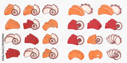 Delicious Japanese Sashimi Set with Salmon, Tuna, and Octopus Slices.