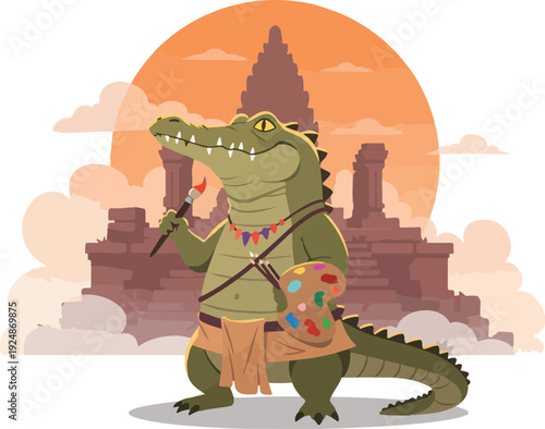 Pixel Art Alligator Artist With Paint Palette Near Angkor Wat Temple At Sunset
