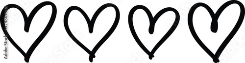 A row of four unique hand drawn heart outline shapes in black on a white surface
