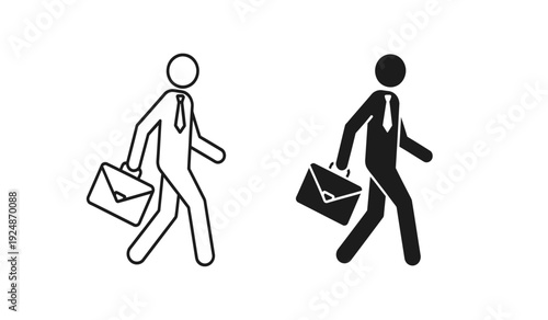 Two stick figures walking with briefcases in black and white