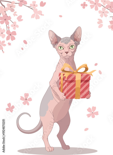 Pixel Art Sphynx Cat Holding Gift Box Pink Cherry Blossoms Background