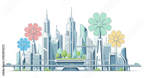 Smart Green City with Sustainable Urban Development and Eco Technology Illustration