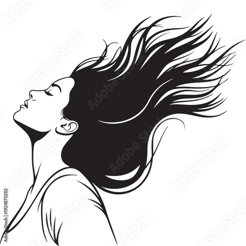 Exhilarated woman with long flowing black hair and closed eyes, head tilted back in profile.