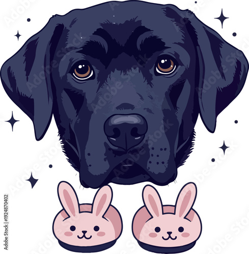 Pixel Art Black Labrador Dog Face with Pink Bunny Slippers Isolated