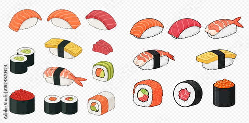 Set of various sushi and sashimi illustrations, including nigiri, maki, and gunkan maki, showcasing different types of seafood and ingredients.