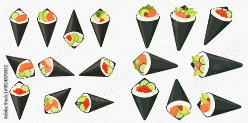 Set of delicious hand-rolled sushi temaki with various fillings, isolated on a transparent background.