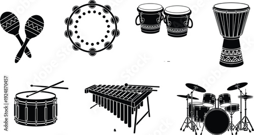 Percussion instruments vector set, maracas tambourine bongos djembe snare drum xylophone and drum kit silhouettes, musical rhythm collection illustration