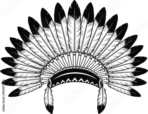 Native American feather headdress illustration detailed tribal war bonnet black and white ethnic vector design isolated