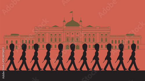 A group of soldiers marching in front of a large building with a red background