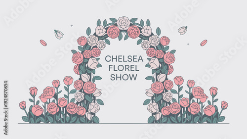 A beautiful floral arch with pink and white roses and green leaves at the Chelsea Florel Show