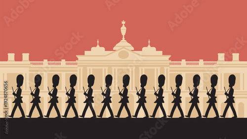 A group of soldiers marching in front of a large building with a statue on top