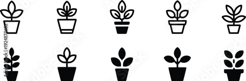 Collection of simple black outline icons depicting various potted plants and small growing seedlings
