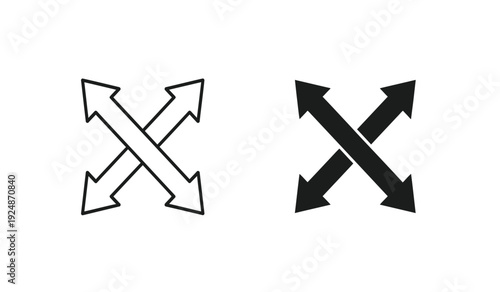 Black and white crossed arrows icon set for direction and navigation purposes in various designs