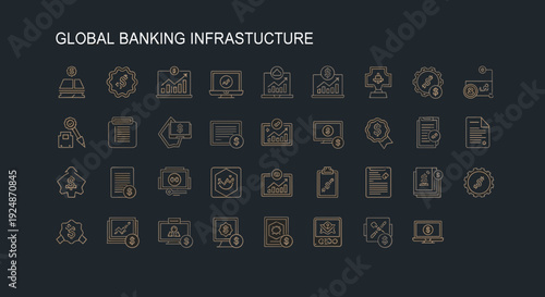 Global Banking Infrastructure Icons Set Display.
