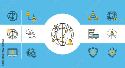 Global Network Connection Security Icons Illustration.