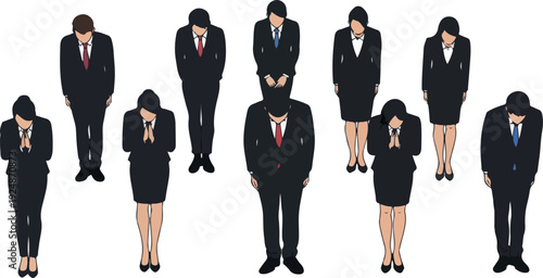 Pixel Art Business People Bowing Respectfully Flat Design White Background