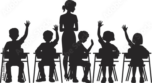 Teacher with students raising hands silhouette isolated on white background, vector illustration of classroom scene with children sitting at desks in school