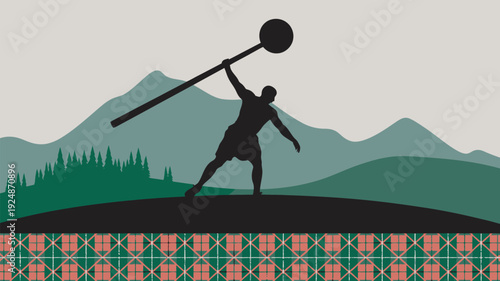 A silhouette of a man throwing a large hammer in front of a scenic mountain landscape with trees