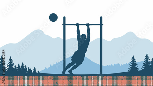 A man in silhouette playing a sport outdoors in a scenic natural setting with mountains and trees