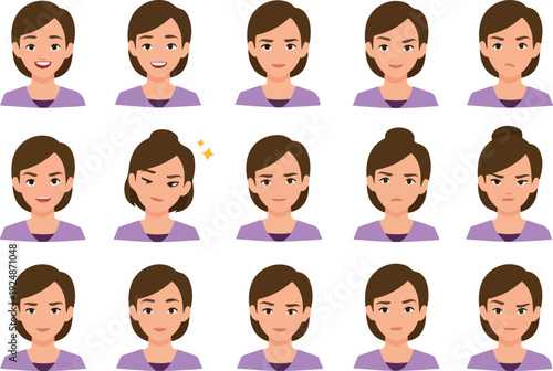 Pixel Art Woman Face Expressions Set Flat Design Icons