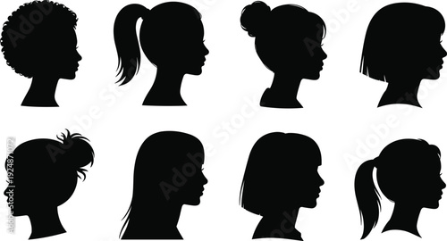 Women head silhouette set with various hairstyles isolated on white background, vector illustration collection featuring curly, ponytail, bun, bob, and long hair profiles