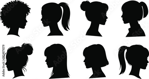 Women head silhouette collection with different hairstyles isolated on white background, vector illustration set featuring ponytail, bun, curly, and short hair profiles