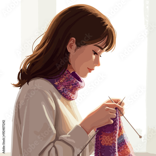 Pixel Art Woman Knitting Colorful Scarf Warm Sweater Soft Light
