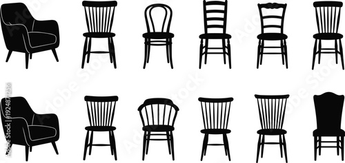 Black chair silhouettes, twelve furniture designs, cushioned armchair, wooden dining chairs, decorative backrest styles, minimal vector illustration, isolated white background