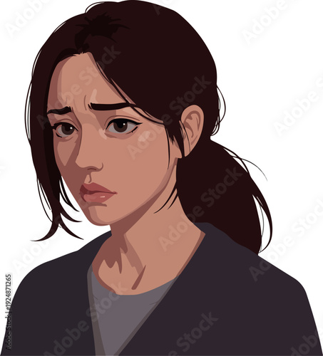 Pixel Art Woman Sad Portrait Dark Gray Jacket White Background