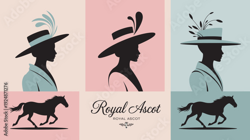 A graphic design featuring silhouettes of people wearing hats and horses with the Royal Ascot logo