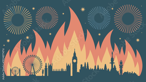 A vibrant illustration of a city skyline engulfed in flames with fireworks exploding in the night sky.