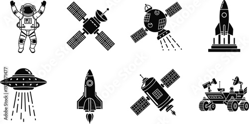 Space exploration icon vector set, astronaut satellite rocket UFO rover and spacecraft silhouettes, astronomy and futuristic technology illustration collection
