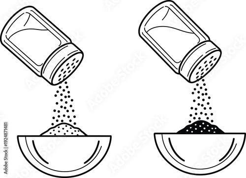 Salt and pepper shaker vector illustration, seasoning spice pouring into bowl line art icons, kitchen condiment cooking concept design