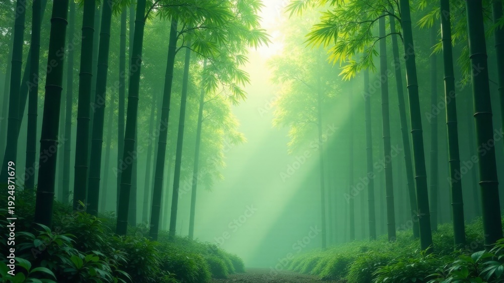 Obraz premium Serene Path Through a Misty Bamboo Grove, Sunlight Illuminating the Lush Green Canopy, Creating an Enchanting Atmosphere of Tranquility and Natural Beauty