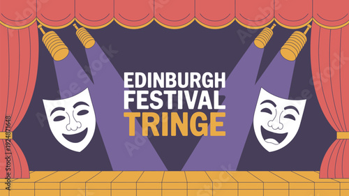 A vibrant illustration of a stage with comedy and tragedy masks at the Edinburgh Festival Fringe